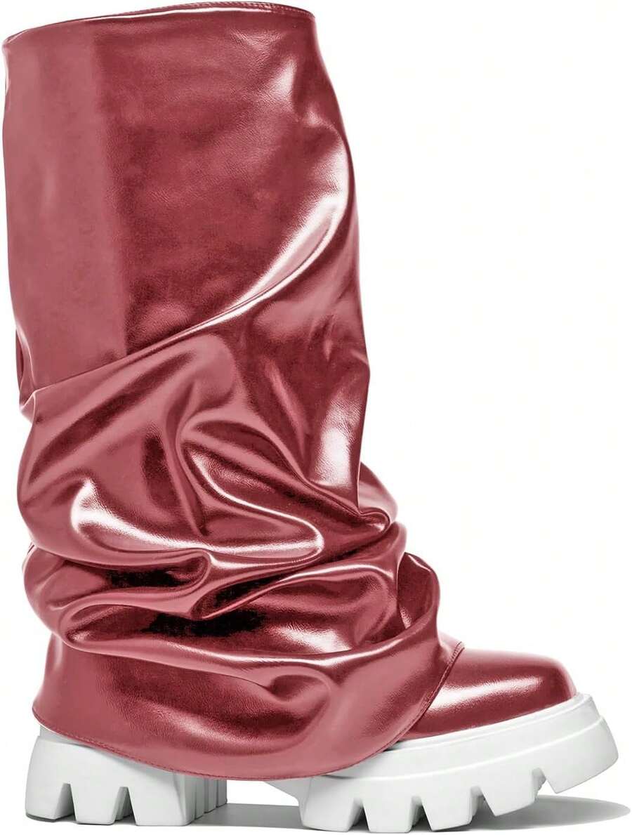 Women's Platform Round Toe Mid Calf Boots With Chunky Heel - M粉 - 查看 1