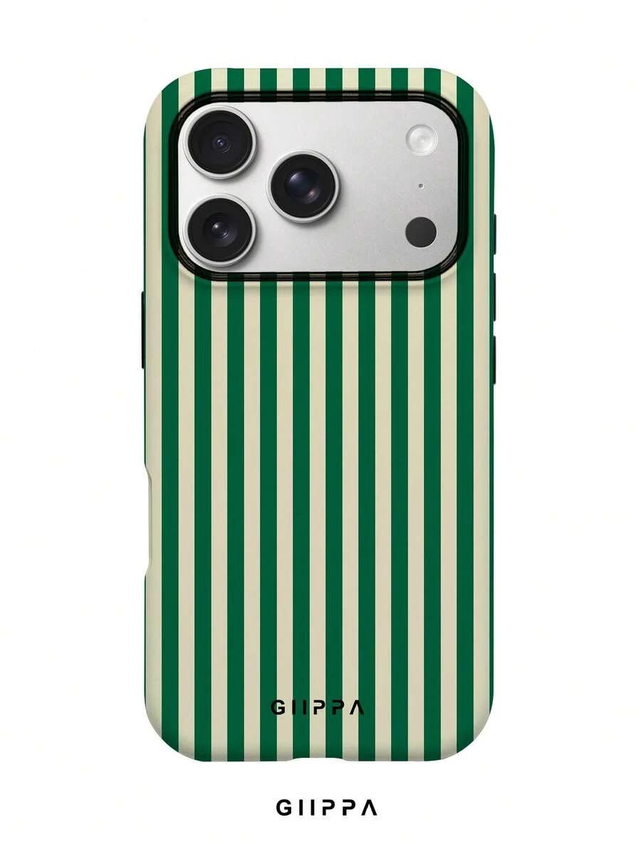 GIIPPA 1件綠色與米色條紋圖案設計手機殼,適用於Phone 17 Pro Max,兼容Phone 16 Pro Max、15 Pro Max、14 Pro Max,韓式高端時尚趣味手機殼,兼容11/12/13/14/15/16 Pro Max Plus,優雅設計適合男女,送給女友的完美禮物! - 深綠色 - 查看 1