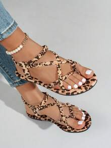 Breezelady Women's Summer New Leopard Braided Flat Sandals Vacation, Beach Fashion Casual Outerwear One Pedal Sandals - 豹紋 - 查看 5