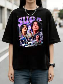 Min Yoongi Purple Glitter Butterfly Collage Graphic Summer Cotton Casual Short Sleeve T-Shirt - màu đen - Xem 6