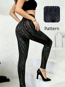 1 Piece Women's High Waisted Black Geometric Floral Printed Yoga Leggings Full Length Stretch Workout Athletic Running Pants - Black - View 5