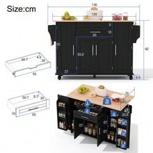 120*45cm, Mobile Kitchen Island, Kitchen Trolley, Extendable Worktop Up To 70cm, Concealed Cutlery Drawer, Adjustable Shelves, Spice Rack And Towel Rail, Suitable For Kitchen, Dining Room Or Living Room - Black - View 2