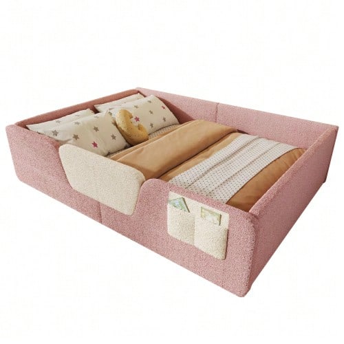 Upholstered Bed, 140 X 190 Cm, Without Mattress, Removable Side Rails, Integrated Fabric Storage Bag, Unique Velvet, Grey - Pink - View 1