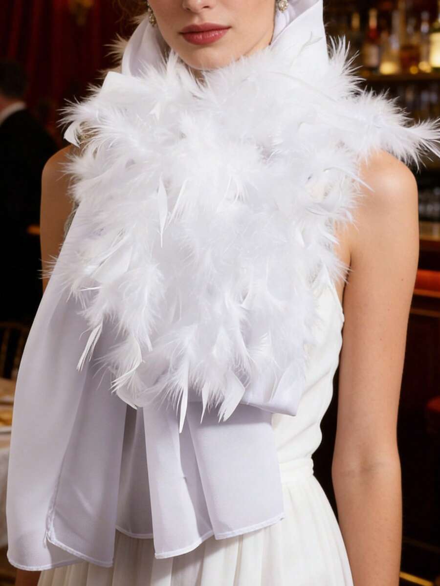 1pc Women's Fashion Faux Feather Silk Scarf, Suitable For Singles Party, Wedding - Solid Color - View 1