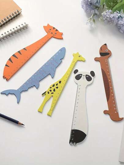 5pcs Animal Shaped Rulers - Including Panda, Giraffe, Shark, Dog And Cat Designs - Faux Wood Dual-Sided Decorative Measuring Tool, Suitable For Home, Classroom, Holiday Gifts, School Supplies, Interesting Design, Crafted With Care, Back To School Season, Ruler