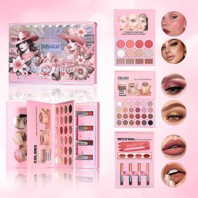 Julystar Sổ trang điểm 3 trong 1 màu hồng dạng lật, bảng màu di động đa năng cho phấn mắt, má hồng, son bóng và phấn tạo khối cơ bản, dụng cụ trang điểm nhanh 5 phút, tiết kiệm không gian cho ký túc xá và du lịch.