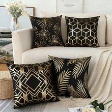 1pc Plush Foil Print Throw Pillow Cover, For Living Room, Sofa, Bedroom - Gold Leaf - View 5