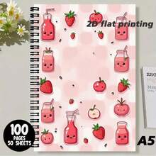 1 Pc A5 Size Spiral Bound Notebook, Cover Printed With Cute Strawberry, Apple And Juice Patterns, Fresh Pink Background, Filled With A Sweet And Cozy Atmosphere, Minimalist Yet Lively, Adds Fun To Writing, Ideal For Daily Records And Inspiration - T - View 3