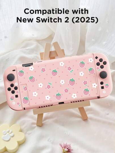 1个草莓花波点图案Switch游戏机保护壳，适用于Switch OLED和Switch游戏机，采用柔软的TPU材料制成，无需拆卸，防摔防尘，多种颜色可选，是送给Switch玩家的理想礼物，优雅清新的Switch保护壳。