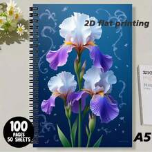 1 Peça Caderno Espiral Minimalista com Padrão Floral, Tamanho A5, A Capa apresenta uma Íris Florida com Linhas Elegantes em um Bottom Azul Fresco, Acompanhe sua Inspiração Diária e a Escrita de Pensamentos - W - Visão 3