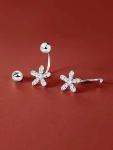1对水晶花朵螺丝扣耳环，水钻耳夹耳环（女士款） - 銀色 - 查看 3