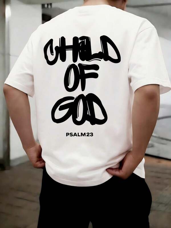 Men's Oversized 100% Cotton Streetwear T - Shirt | Front Mini Embroidered "CHILD OF GOD" Text, Back Giant Graffiti - Style "CHILD OF GOD" Print With "PSALM 23" Scripture, Loose Fit Retro Religious Graphic Tee