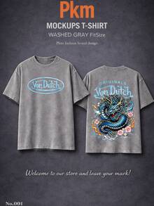 Men Gray Washed Streetwear Brand Street Style 100 Percent Cotton T Shirt Dragon And Floral Print With Vons Dutchs Text For Casual Wear Outdoors | Front And Back Print | Vintage Heavyweight Tee | Perfect Gift | Loose Comfortable Breathable | Machine Washable Fabric | Hip Hop Cool Style | Drippy Clothes | Y2K - Xám - Xem 1