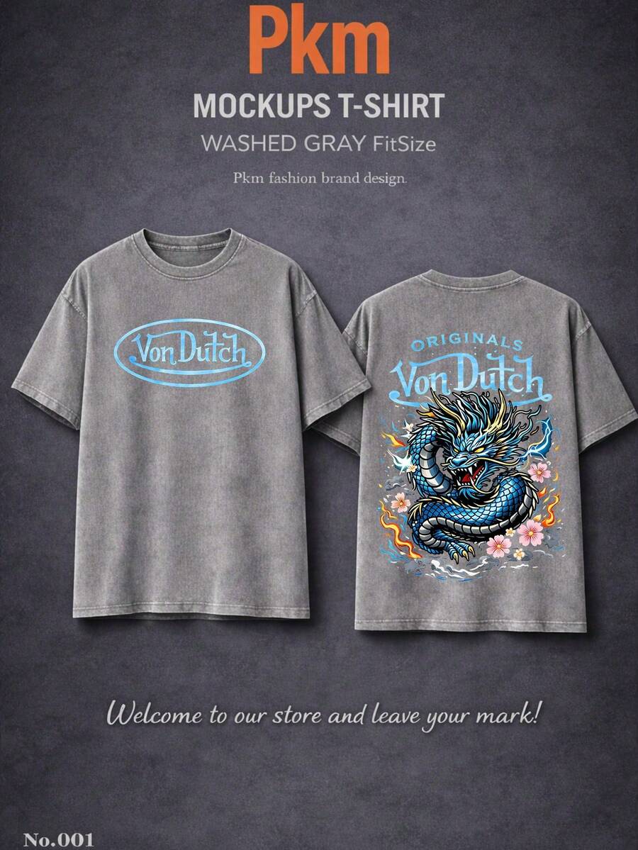 Men Gray Washed Streetwear Brand Street Style 100 Percent Cotton T Shirt Dragon And Floral Print With Vons Dutchs Text For Casual Wear Outdoors | Front And Back Print | Vintage Heavyweight Tee | Perfect Gift | Loose Comfortable Breathable | Machine Washable Fabric | Hip Hop Cool Style | Drippy Clothes | Y2K - Xám - Xem 1