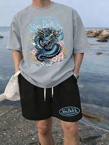 2pcs Men Creative Dragon Print T-Shirt & Shorts Set Vons Dutch Logo And Floral Design For Casual Wear Soft Fabric Breathable Print T-Shirt & Shorts Set - 灰色和黑色 - 查看 1