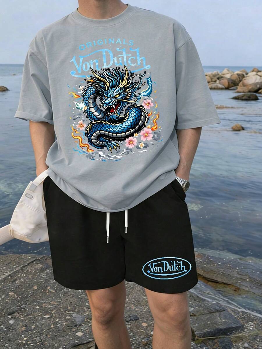 2pcs Men Creative Dragon Print T-Shirt & Shorts Set Vons Dutch Logo And Floral Design For Casual Wear Soft Fabric Breathable Print T-Shirt & Shorts Set - 灰色和黑色 - 查看 1