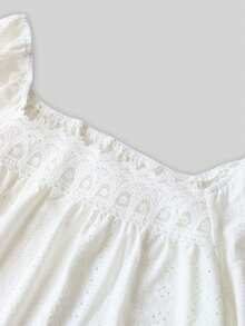 Plus Size White Contrast Lace Square Collar Regular Sleeve Blouse Summer - White - View 3