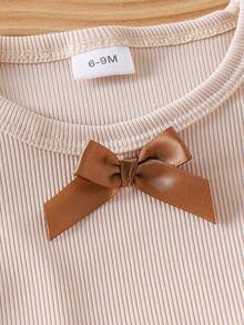 2pcs Baby Girls Casual Minimalist 3D Bow Round Neck Top And Full Bow Pants Set, Summer - Apricot - View 5
