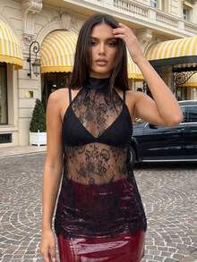 Top de encaje para mujer, elegante, de color liso, de malla transparente, ajustado, sin espalda, sin mangas. - Negro - Ver 1