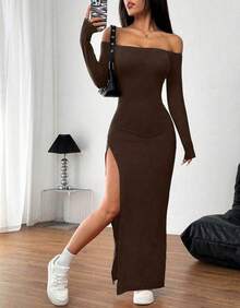 Swisz Long-Sleeved Dress With Dropped Shoulders And High Side Slit, Sexy, Elegant, Sensual, Foreign Style. - Rỉ Nâu - Xem 2