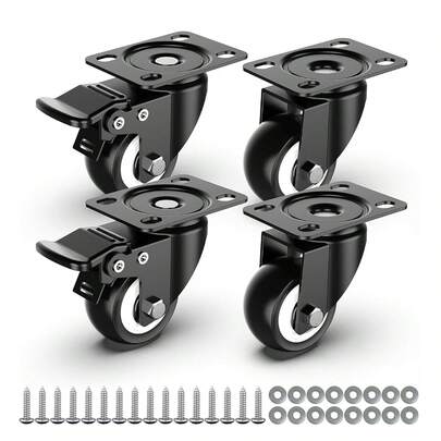 Ruedas giratorias de 50 mm - Juego de ruedas de alta resistencia con frenos de - Aptas para muebles pesados ​​- Ruedas giratorias con base de goma (Incluye placa superior y rodamientos de alta resistencia) - Paquete de 4, Negro
