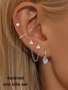 4 piezas Conjunto de aretes colgantes con forma de corazón para mujer, chapados en oro con circonita cúbica, conjunto de aretes con doble pendiente y cadena, accesorios de joyería para boda y fiesta - 4 piezas/juego - Ver 4