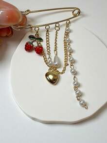 1 chiếc mặt dây chuyền hình trái tim dâu tây bằng kim loại tráng men thời trang với tua rua ngọc trai giả, ghim cài áo đa năng dành cho nữ. - Nhiều màu - Xem 3