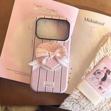 GUCADI Cream Striped Heart-Shaped Bow 17 Pro Max Phone Case, Suitable For 16 Magnetic Stand 15, Korean Sweet, Girly, Creative, Geometric, Minimalist, Contrast Color, Niche, Ins Style - 粉色 - 查看 2