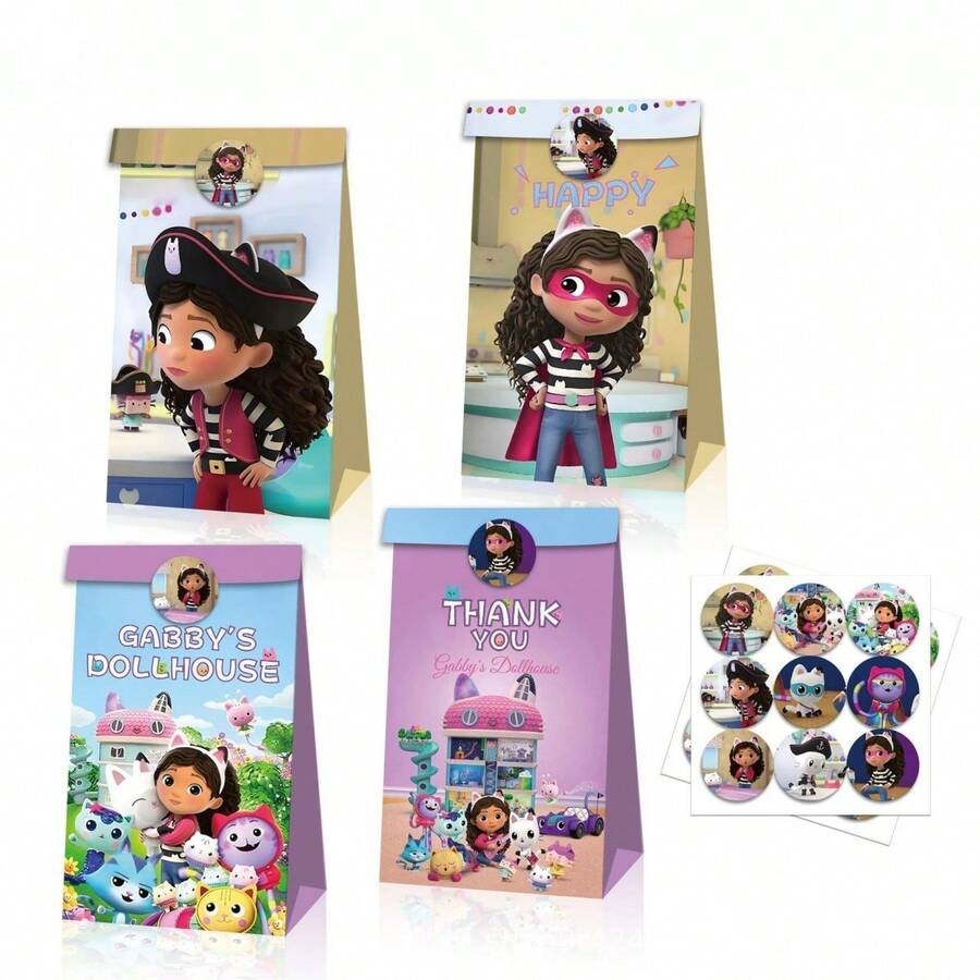 1套/12个 新款热销动漫卡通 Gabby's Dollhouse 娃娃屋 魔法精灵派对糖果礼品袋套装 牛皮纸袋贴纸 生日派对礼品包装用品 礼品盒套装 生日礼物 新年礼物 - 彩色 - 查看 1