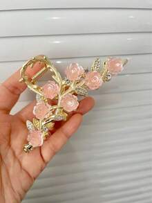 1件装女士合金蝴蝶水滴水钻山茶花仿珍珠流苏发爪发夹，优雅奢华的发髻装饰，法式浪漫时尚，适合日常佩戴，情人节必备发夹，发卡，发夹，发抓夹，发卡，抓夹，节日必备发饰 - 金色 - 查看 5