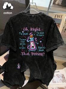 Áo thun nữ cỡ lớn hàng ngày The Potion Bottle: Ở trung tâm hình ảnh là một chiếc bình hình nón chứa đầy chất lỏng màu tím, có dán hình bóng con lạc đà Alpaca. Áo thun cổ tròn màu đen, kiểu dáng thường ngày, thích hợp cho mùa hè. - màu đen - Xem 4