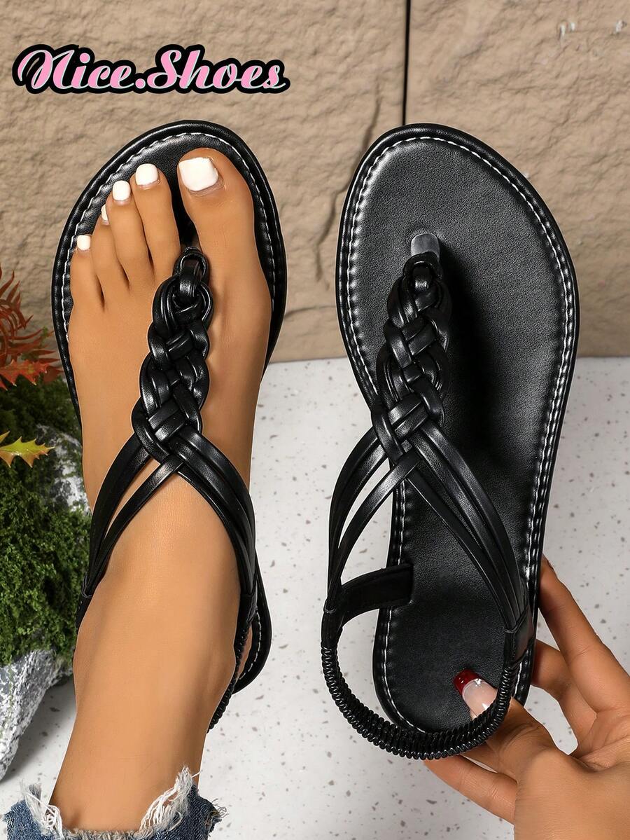 Damen 2025 Neue Gewebte T-Riemen Flache Sandalen, Mode Minimalistische Lässig Zehentrenner Slip-On Strand Sandalen, Bohemien Stil, erhältlich in Schwarz, Braun, Weiß, Pink, Burgunderrot, Grün - Schwarz - Übersicht 1