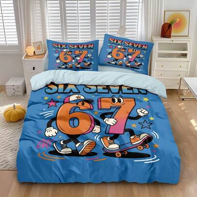 3pcs "Six Seven" Themed Colorful Cute Cartoon Character & Number 6, 7 Pattern Bedding Set, 1pc Duvet Cover And 2pcs Pillow Shams (Without Filler), High-Definition Dyeing, 100% Polyester Fabric, Comfortable And Soft, Zipper Closure, Machine Washable, Suitable For Home Bedroom, Guest Room, Travel Camping And Dormitory