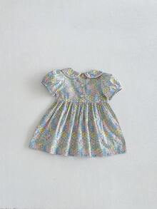 Miniweenns 1件女嬰夏季洋裝，彩色花卉圖案，蕾絲領泡泡袖，甜美公主風透氣洋裝 - 彩色 - 查看 7