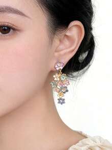 一对原创彩绘珐琅滴釉长流苏花朵耳环，优雅度假风耳环，女士款 - 彩色 - 查看 3