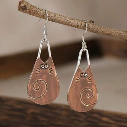 复古简约双色可爱猫咪钩式耳环，百搭日常及派对配饰，精致饰品，节日理想礼物