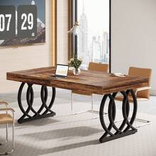 FINMIND 5 Ft Conference Table For 4 To 6, 63-Inch Rectangle Meeting Table Modern Computer Desk With Metal Base, Business Furniture For Home Office, Boardroom, White & Gold - Brown and Black - View 2