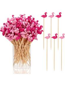 100pcs-Flamingo Cocktail Sticks, Bamboo Toothpicks, For Appetizer Fruit Skewers, Sandwiches, And Cake Decorations; Perfect For Parties, Hawaiian Parties, Weddings, Holidays, And Birthday Parties; Ideal For Decorating Cakes, Desserts, Food, And Fruit At Parties; Hawaiian Beach Party And Holiday Decorations - Pink Flamingo Bamboo Skewer - View 2