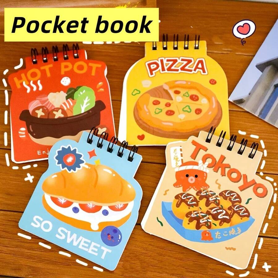 Bộ 4 cuốn sổ tay bìa lật hình thức ăn, sổ tay học sinh bỏ túi đựng từ vựng, nhỏ gọn và nhẹ, sổ ghi nhớ đa chức năng, đồ dùng khen thưởng học sinh, sổ kế hoạch văn phòng phẩm trống không đối xứng, 50 tờ/cuốn. - Một kích thước phù hợp với tất cả - Xem 1
