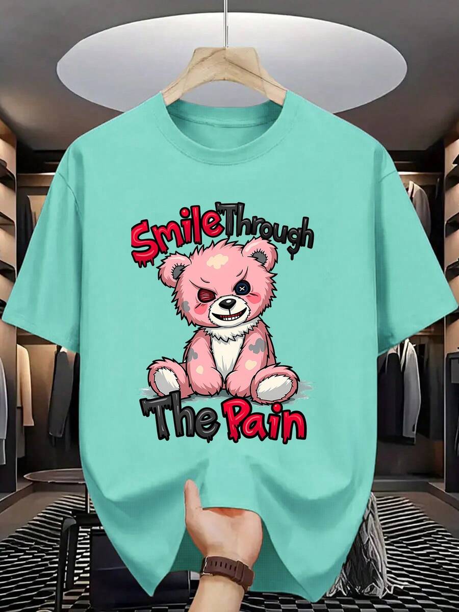 Nuevas camisetas casuales de primavera y verano para hombre, de cuello redondo y a la moda, hechas de tejido de punto de poliéster, ligeramente elásticas, de corte regular, con un diseño de oso rosa y el mensaje "Face Pain with a Smile", adecuadas para uso adulto. - azul real - Ver 1