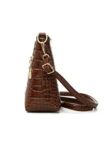 复古风女士多功能多隔层单肩斜挎包，实用斜挎包，仿鳄鱼纹PU材质女士手提包，日常实用小包 - 咖啡 - 查看 6