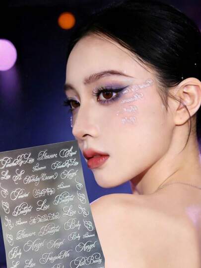 1 miếng dán mặt chữ tiếng Anh tối giản gợi cảm, miếng dán trang trí trang điểm ấn tượng, miếng dán trang trí mặt và mắt chống thấm nước, không lem, thích hợp cho lễ hội âm nhạc/trang điểm sân khấu/chụp ảnh/tự sướng/trang trí khuôn mặt.
