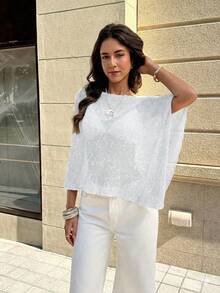 FOR BEAUTY 夏季新款女士纯色罗纹银色针织开衫，不对称下摆设计，精细闪亮的针织纹理带来轻盈透气的穿着体验，略微宽松的版型适合各种身材，度假沙滩休闲风上衣，度假、波西米亚风、性感，女士夏季服装 白色 - 白色 - 查看 6