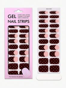 22pcs Spring/Summer Nude Brown Colour-Blocked French Polka Dot UV Free Gel Nail Strips, Playful Cute Gel Nail Stickers, No UV Damage, Protects Natural Nails, Easy To Use, Suitable For Women's Workplace Parties And Daily DIY Nail Art - Brown - View 4