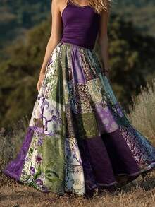 Chân váy maxi xòe rộng kiểu Bohemian bằng vải dệt không co giãn dành cho nữ, thích hợp cho mùa hè. - Màu tím - Xem 1