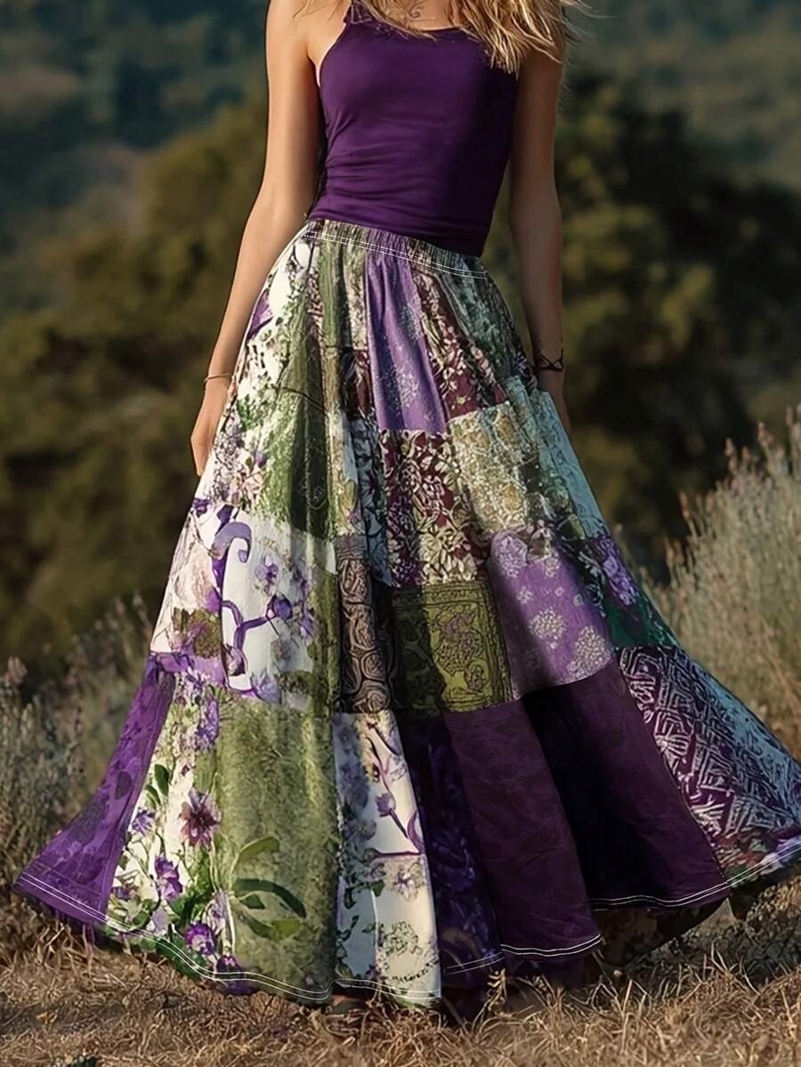 Chân váy maxi xòe rộng kiểu Bohemian bằng vải dệt không co giãn dành cho nữ, thích hợp cho mùa hè. - Màu tím - Xem 1
