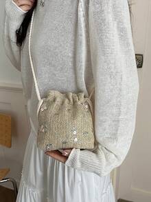 2026 Nueva bolsa de cubo con cordón de encaje, bolso de hombro cruzado tejido de moda para mujeres - Caqui - Ver 4