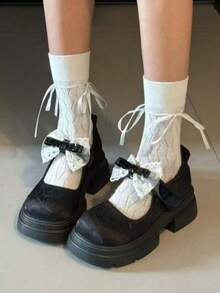 女士优雅甜美蕾丝蝴蝶结装饰玛丽珍厚底鞋，学院风纹理粗跟洛丽塔鞋，适合角色扮演、迷你裙和休闲装扮，黑色四季皆宜。 - 黑色 - 查看 4