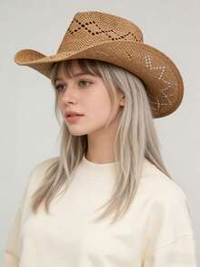 1 pieza Sombrero de paja para mujer, sombrero de paja de estilo bohemio de poliéster, adecuado para uso diario al aire libre - Multicolor - Ver 7