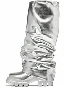 Women's Platform Round Toe Mid Calf Boots With Chunky Heel - Silver - View 4